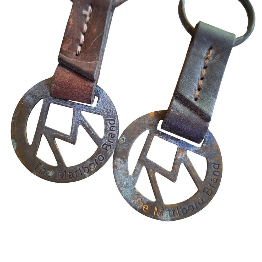 Marlboro Brand Vintage Brass‎ Leather Key Rings Keychains Lot of 2 Circle Logo